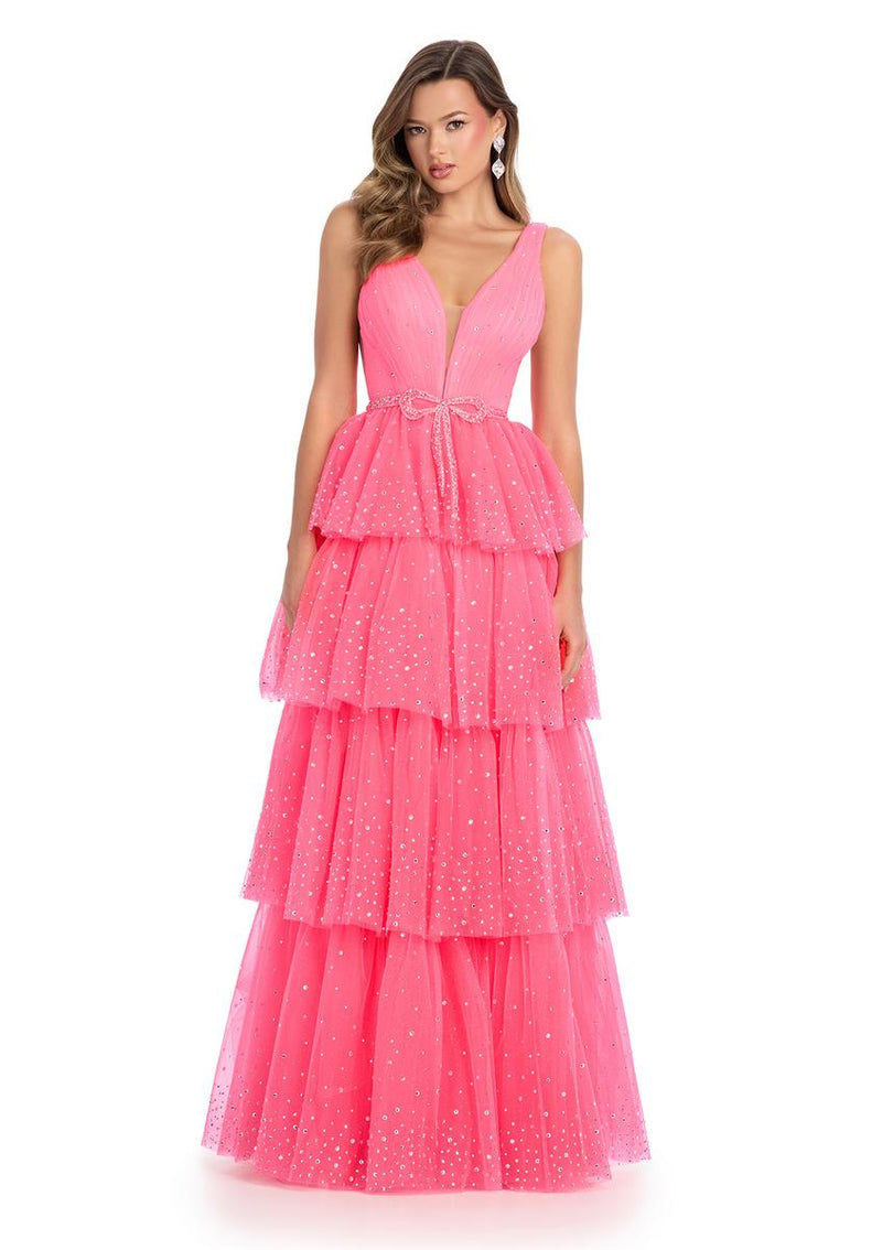 ASHLEYlauren Ruffle Bow Heat Stone Prom Dress 11894