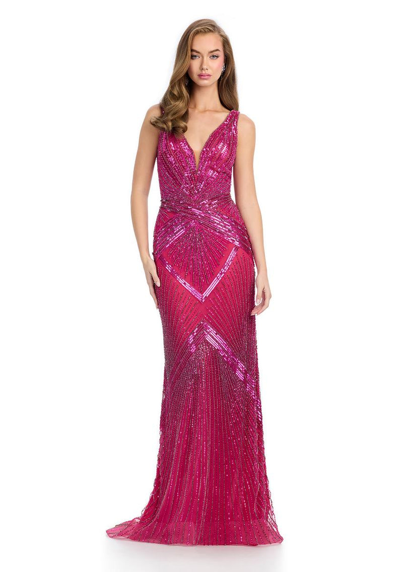 ASHLEYlauren V-Neck Beaded Prom Dress 11957