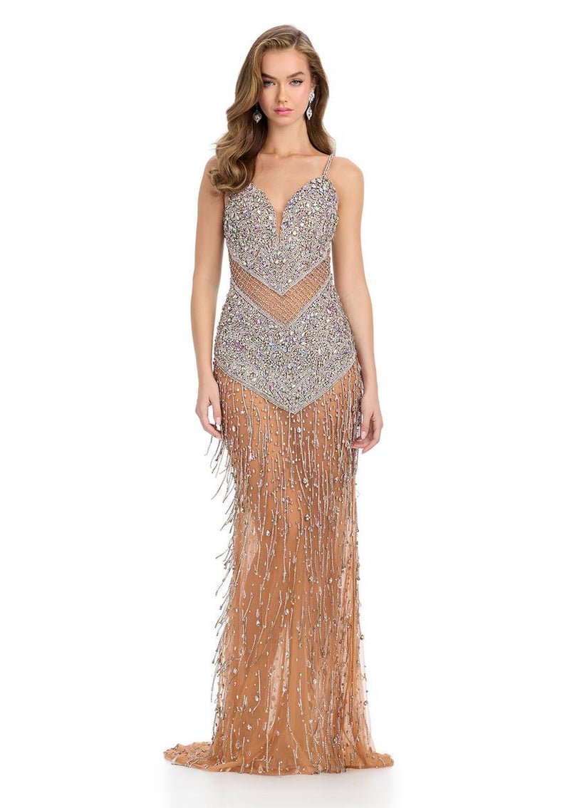 ASHLEYlauren Illusion Fringe Beaded Prom Dress 11962