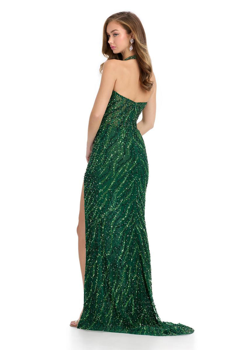 ASHLEYlauren Beaded Illusion Halter Long Prom Dress 11964