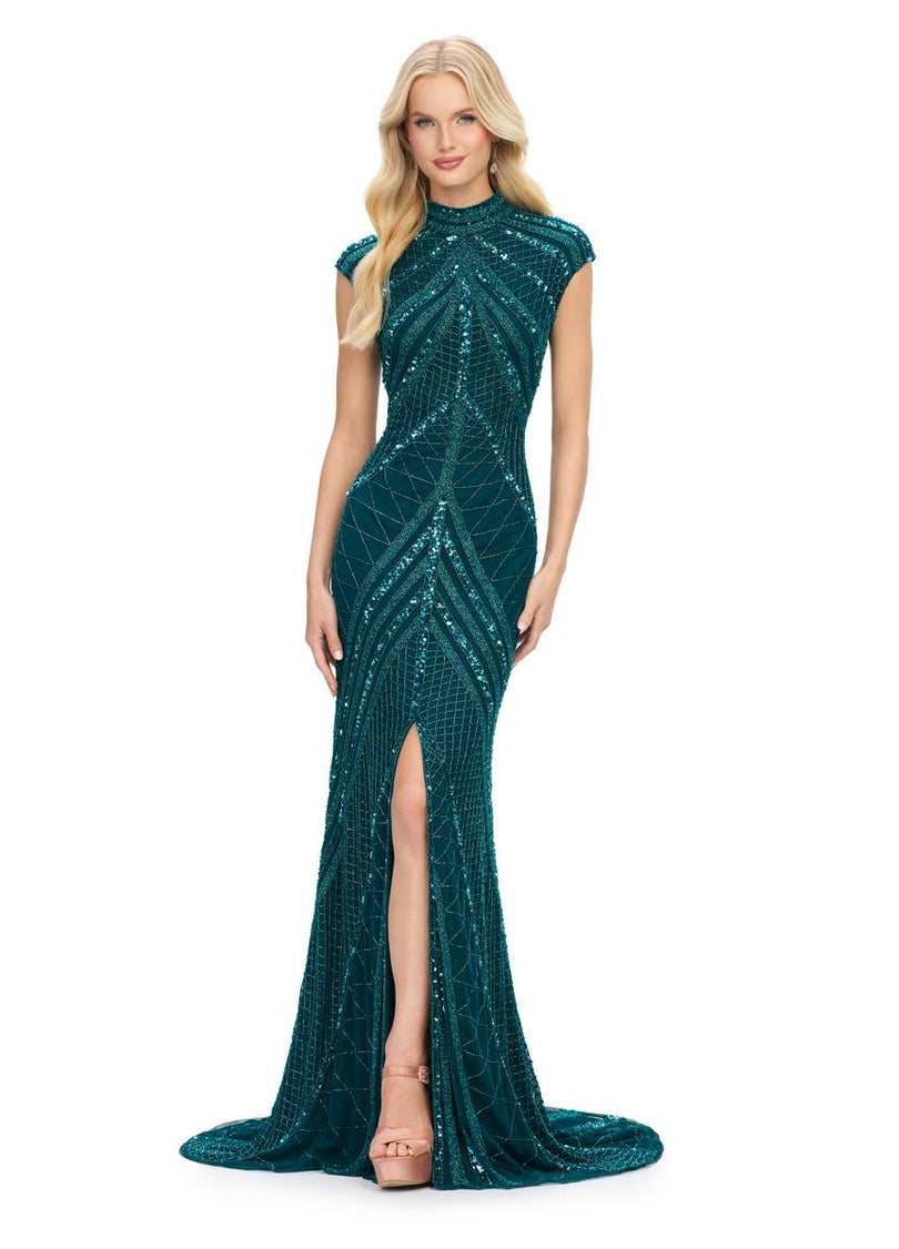 AshleyLauren Cap Sleeve Beaded Prom Dress 1624