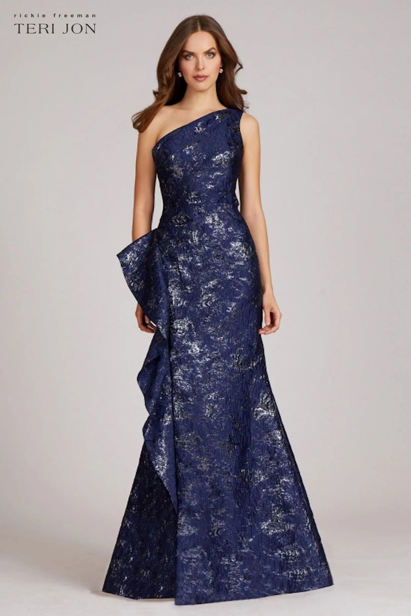 Teri Jon One Shoulder Jacquard Evening Dress 209064