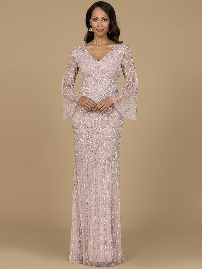 Lara Beaded V-Neck Long Sleeve Evening Gown 28954