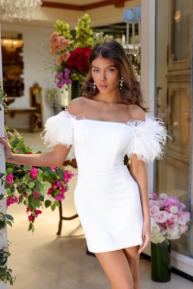 Ava Presley Off Shoulder Feather Homecoming Dress 29124