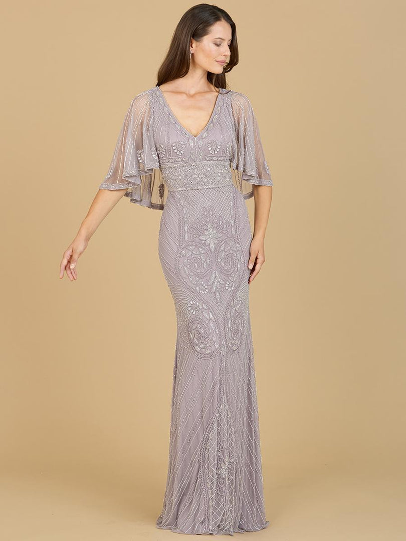 Lara Cape Sleeve V-Neck Beaded Evening Gown 29356