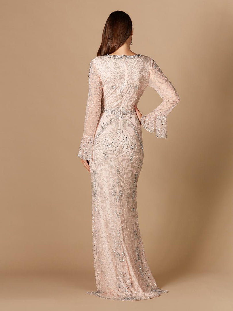 Lara Long Bell Sleeve V-Neck Beaded Evening Gown 29358