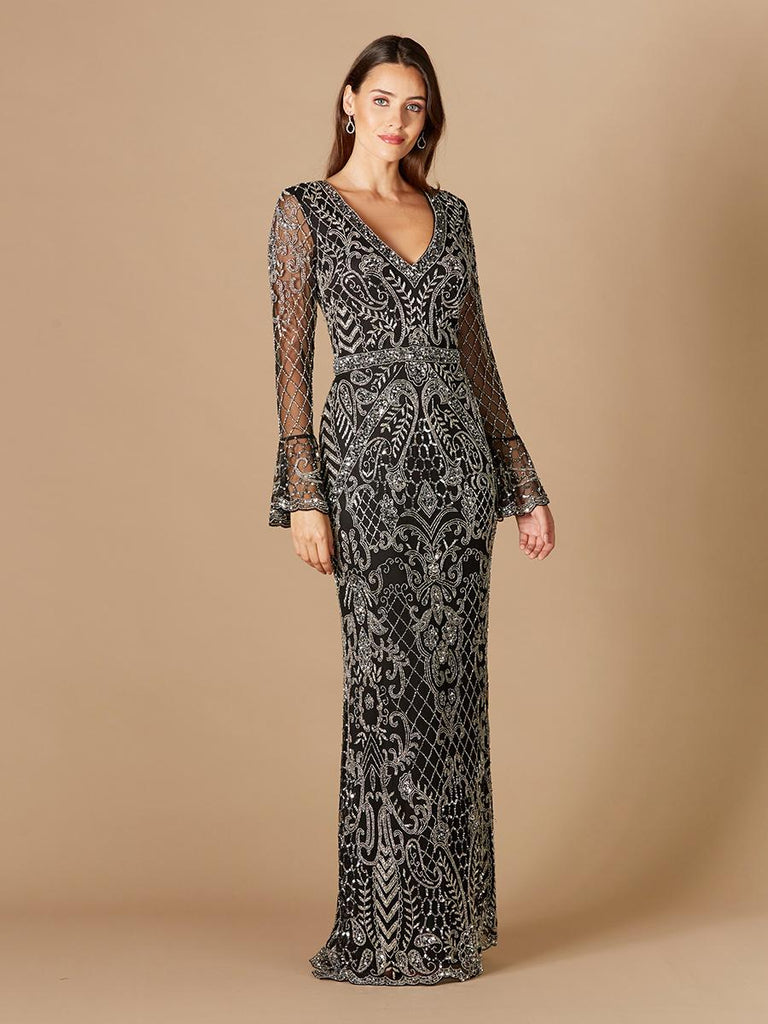 Lara Long Bell Sleeve V-Neck Beaded Evening Gown 29358