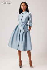 Teri Jon 3/4 Sleeve Belted Taffeta Shirtdress 69224