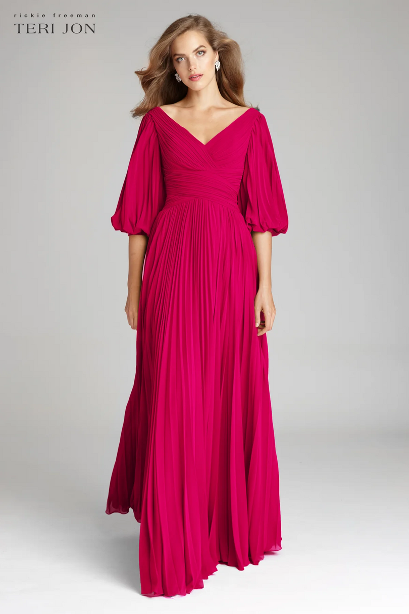 Teri Jon Pleated Chiffon Puff Sleeve Evening Dress 209098