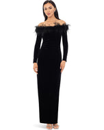 Xscape Evenings Off the Shoulder Long Sleeve Velvet Evening Gown with Feathers 5809X