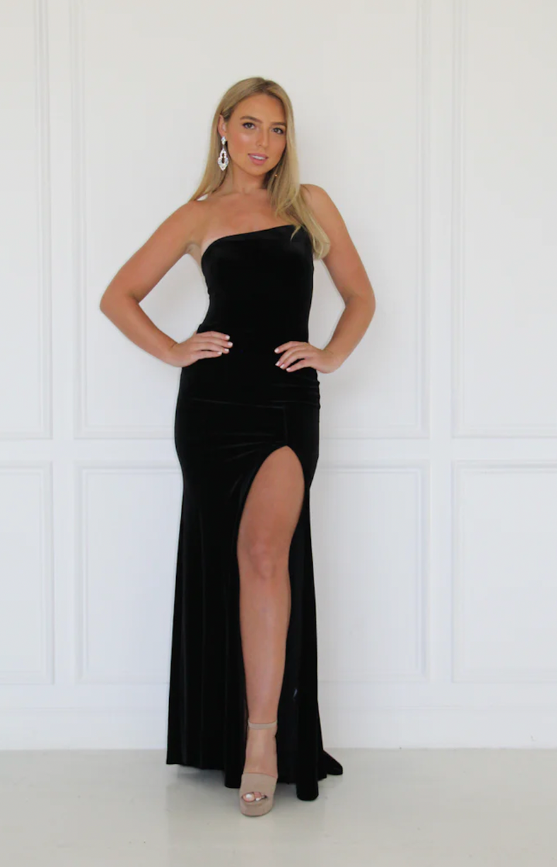 Betsy & Adam Strapless Stretch Velvet Evening Dress A20144