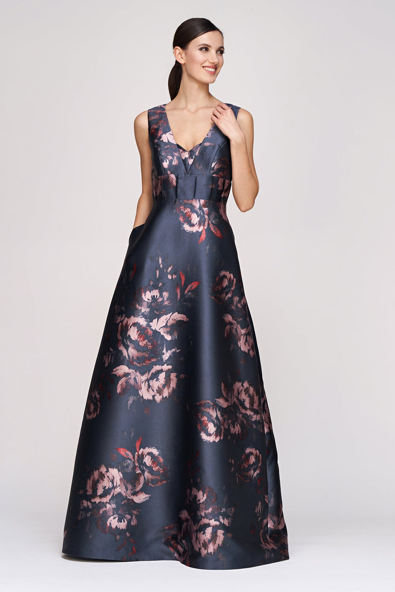 Kay Unger "Alexandra" V-Neck Floral Evening Gown 55112524