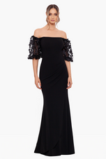 Xscape Evenings "Melanie" 3D Floral Sleeve Scuba Crepe Gown 3720X