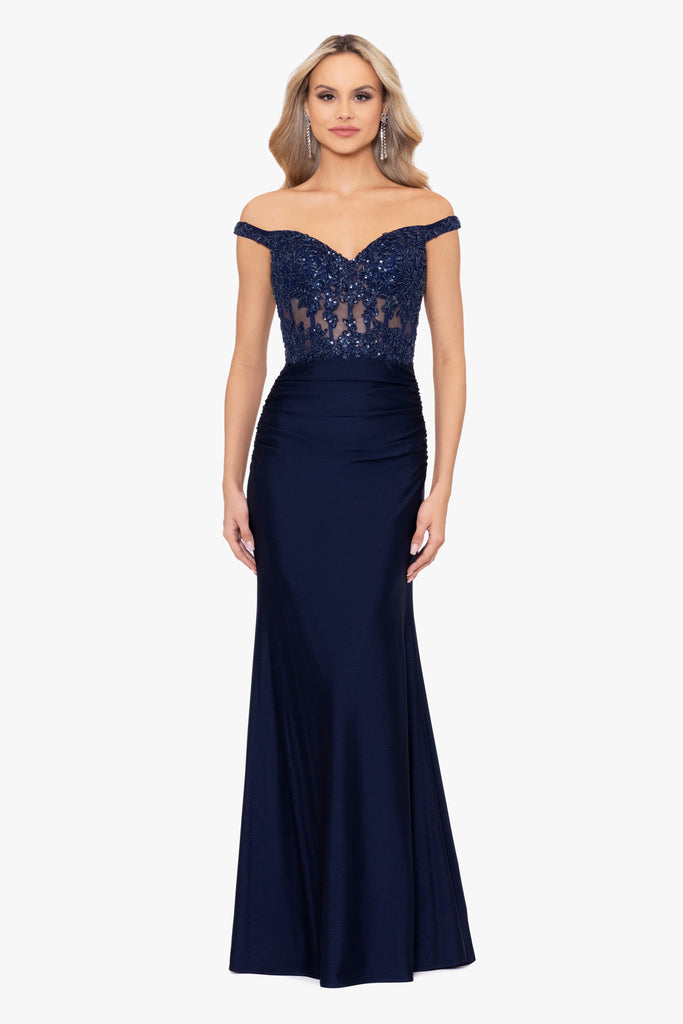 Betsy & Adam Off Shoulder Long Prom Dress A26276