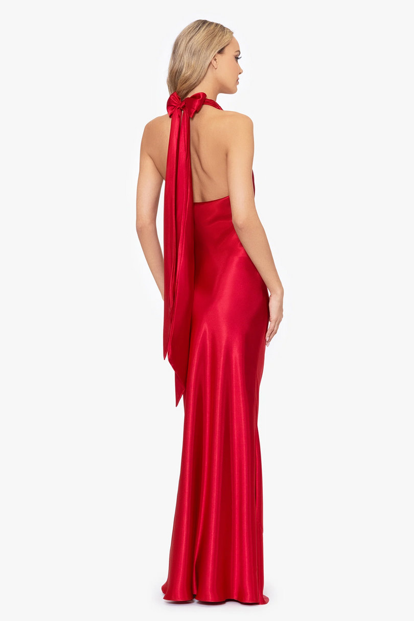 Betsy and Adam "Shannon" Halter Necktie Satin Maxi Dress A26454