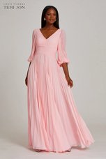 Teri Jon Pleated Chiffon Puff Sleeve Evening Dress 209098