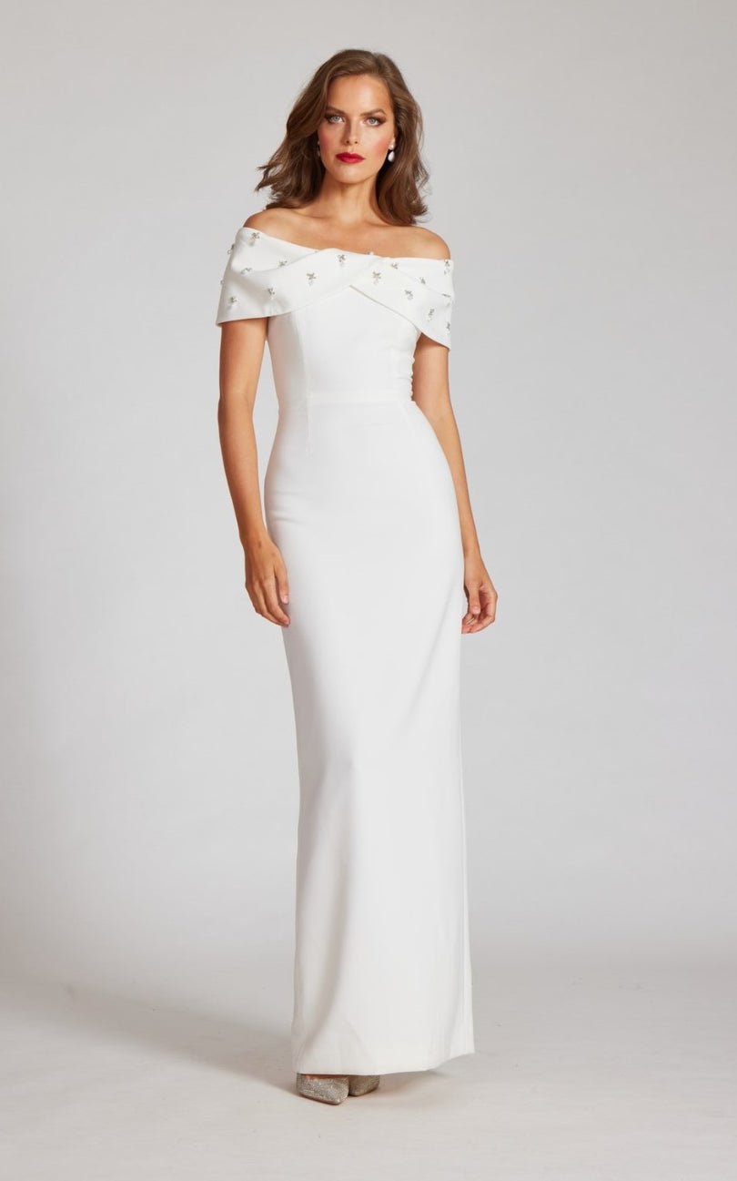 Teri Jon Crepe Off The Shoulder Jewel Trim Portrait Column Gown 239069