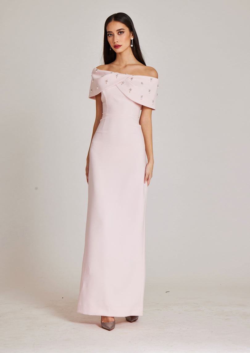 Teri Jon Crepe Off The Shoulder Jewel Trim Portrait Column Gown 239069