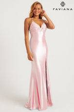 Faviana V-Neck Ruched Lace-up Back Prom Dress E11240