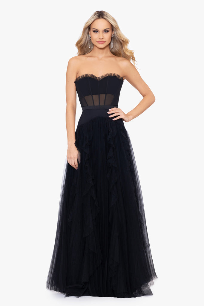 Betsy & Adam Strapless Ruffle Prom Dress A26246