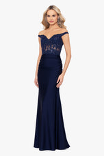 Betsy & Adam Off Shoulder Long Prom Dress A26276