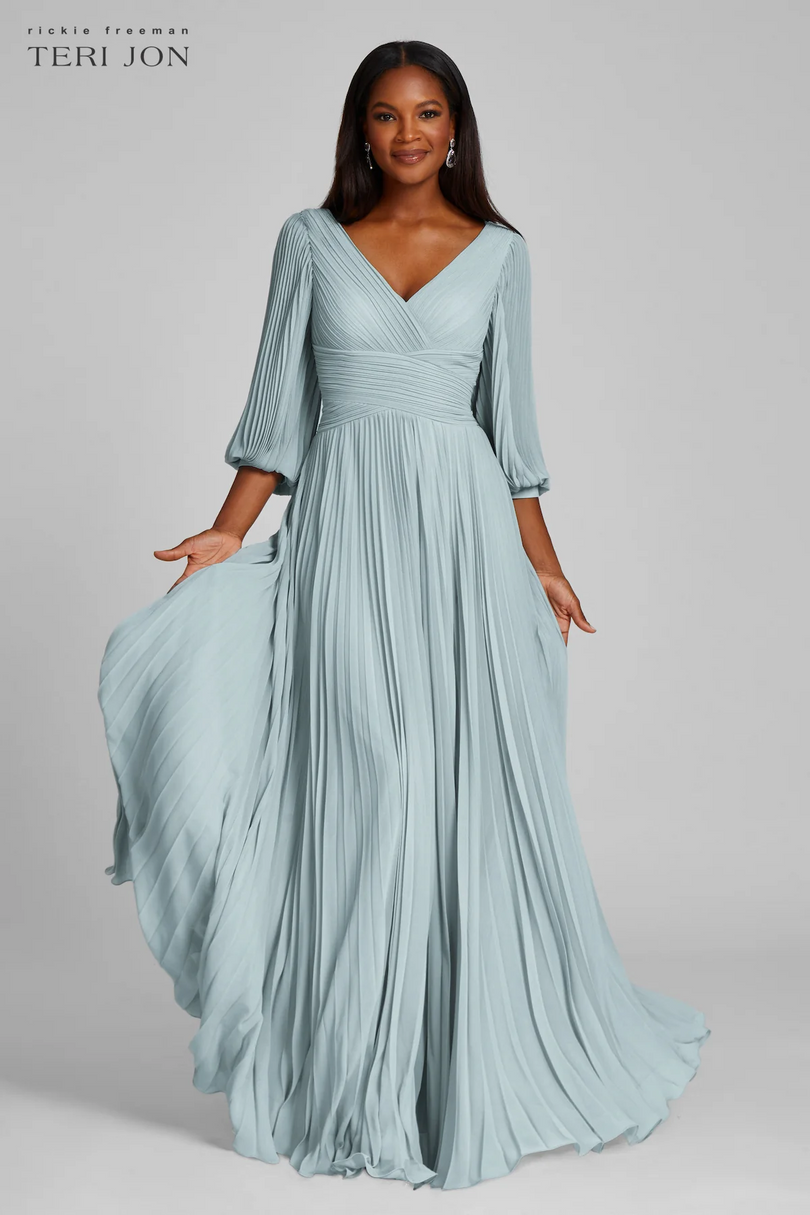 Teri Jon Pleated Chiffon Puff Sleeve Evening Dress 209098