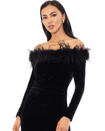 Xscape Evenings Off the Shoulder Long Sleeve Velvet Evening Gown with Feathers 5809X