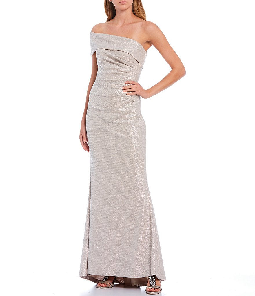 Eliza J Off the Shoulder Foiled Knit Evening Gown EJ0M5890