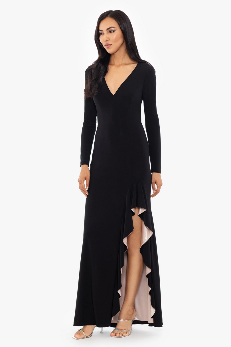 Xscape Evenings "Trudy" Long Sleeve Ruffle Evening Dress 5889X