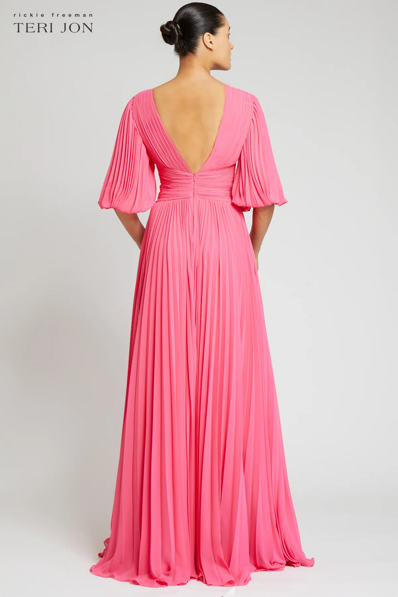 Teri Jon Pleated Chiffon Puff Sleeve Evening Dress 209098