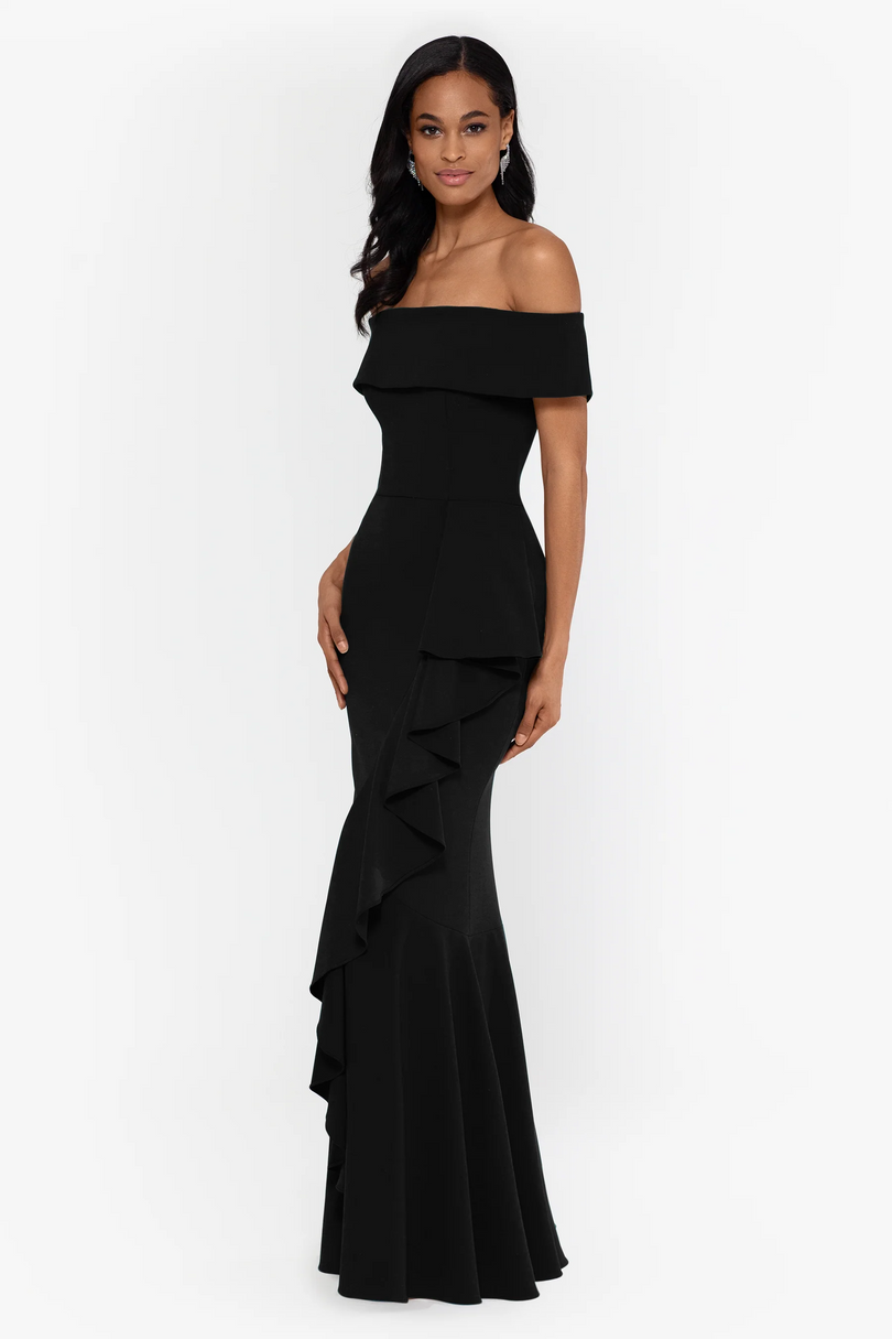 Betsy and Adam "Carina" Off the Shoulder Ruffle Evening Dress A22885