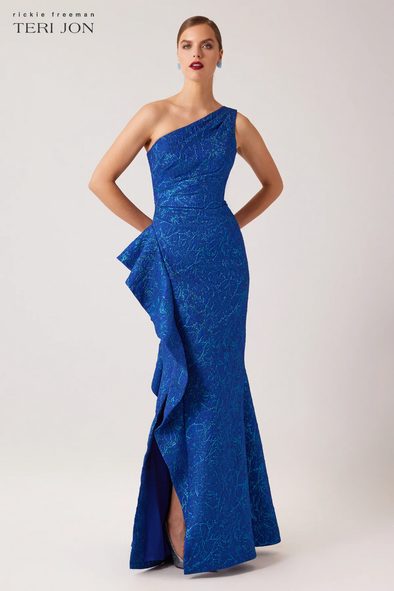 Teri Jon One Shoulder Side Ruffle Evening Gown 247089