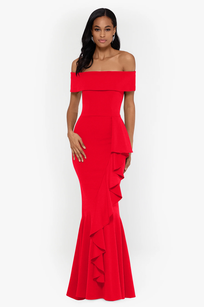 Betsy and Adam "Carina" Off the Shoulder Ruffle Evening Dress A22885