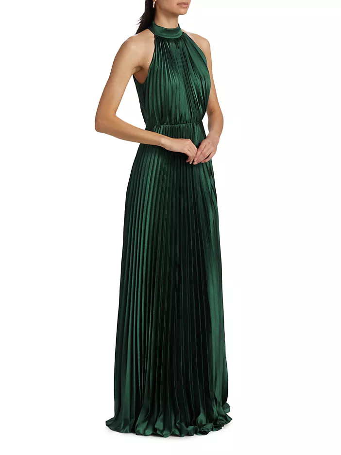 Monique Lhuillier "Jacqueline" Satin Pleated Halter Gown 44112208