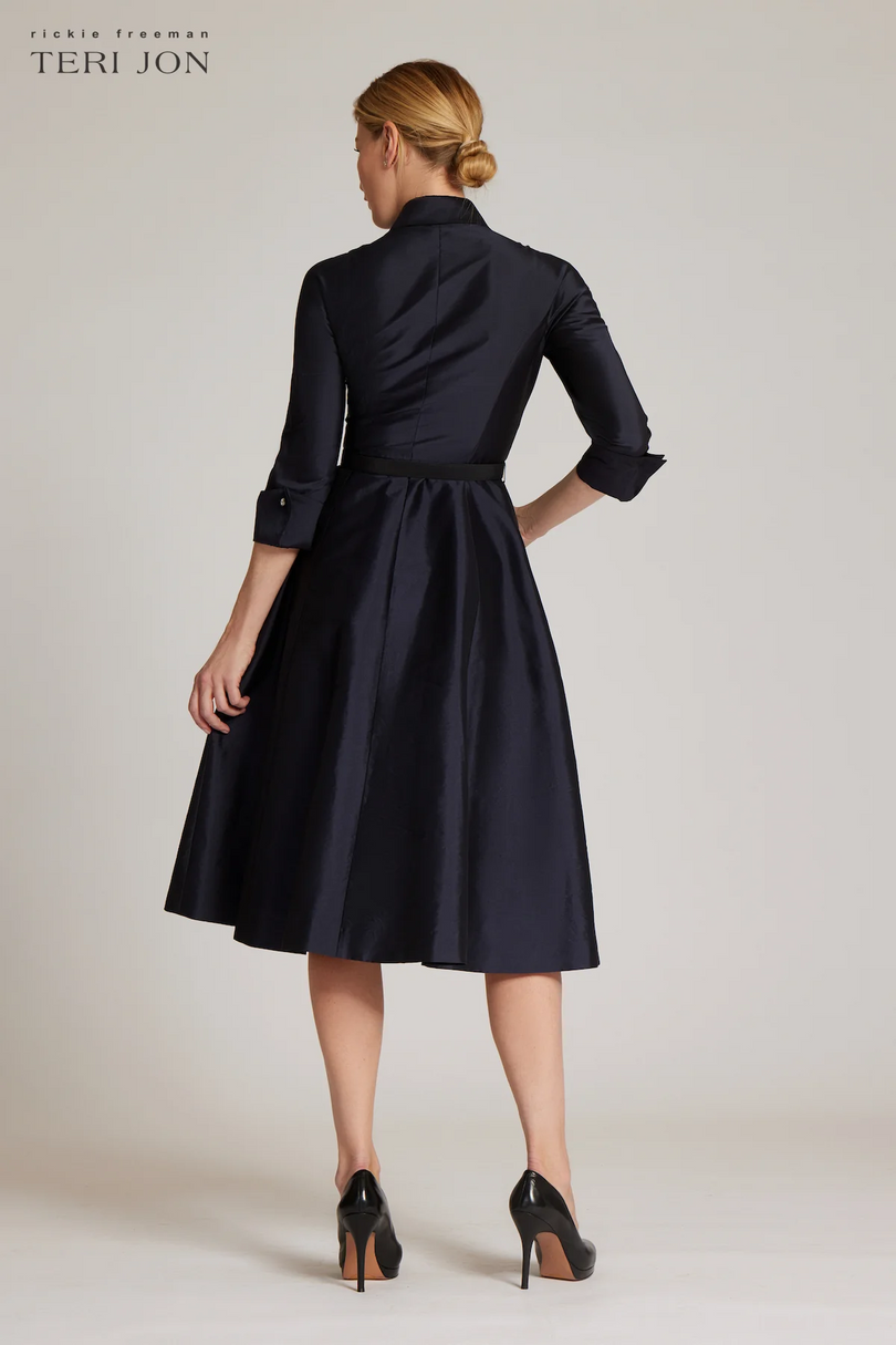 Teri Jon 3/4 Sleeve Belted Taffeta Shirtdress 69224