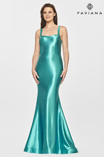 Faviana Long Satin Scoop Neck Dress S10809