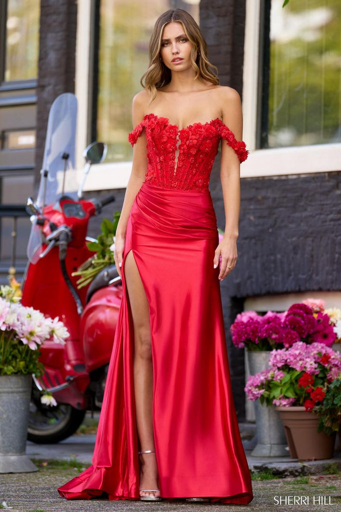 Sherri Hill Floral Corset Satin Prom Dress 56176