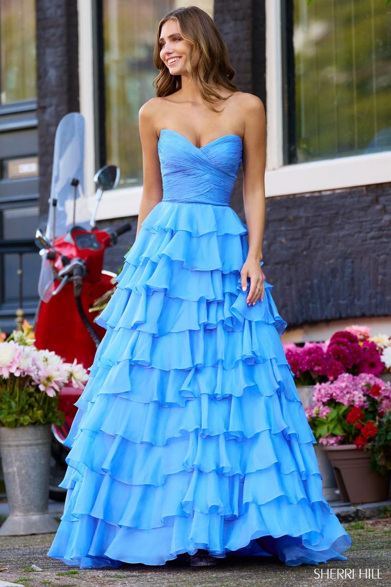 Sherri Hill Tiered Chiffon Strapless Dress 56346