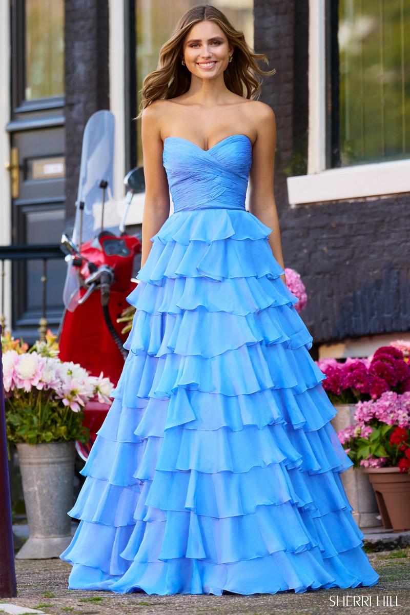 Sherri Hill Tiered Chiffon Strapless Dress 56346