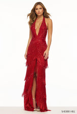 Sherri Hill Fringe Halter Beaded Dress 56387