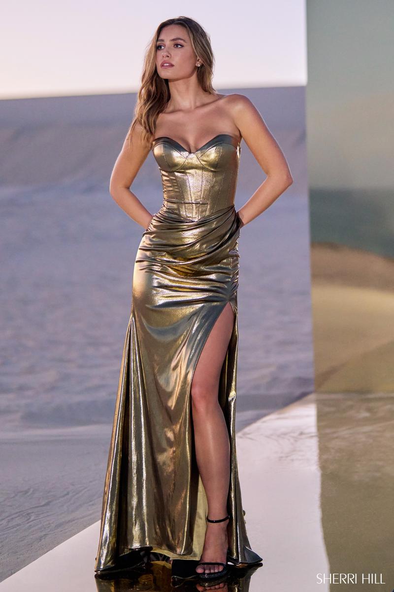 Sherri Hill Strapless Metallic Corset Prom Dress 56431