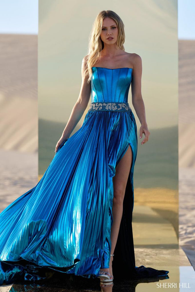 Sherri Hill Metallic Pleated Prom Dress 56522