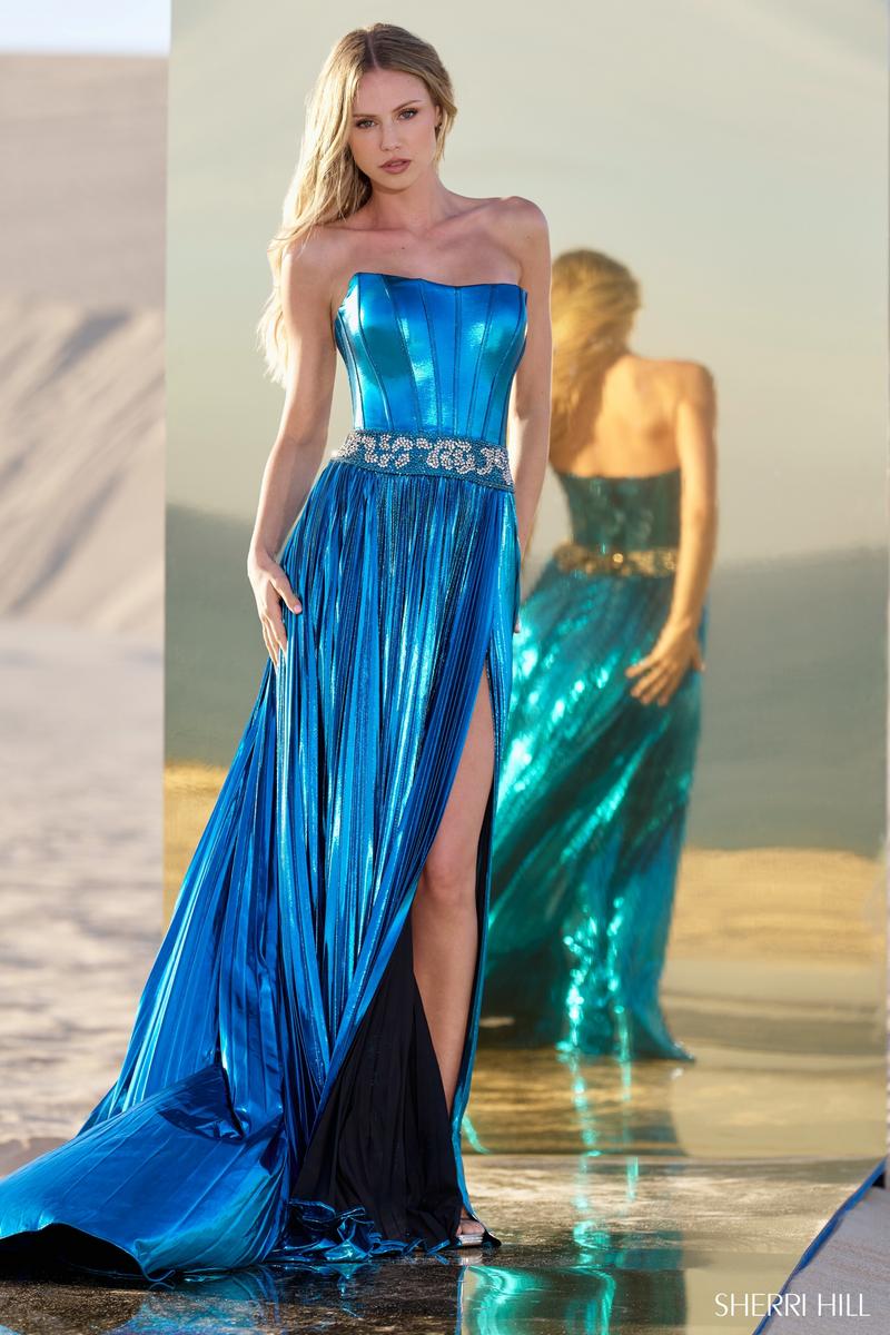 Sherri Hill Metallic Pleated Prom Dress 56522