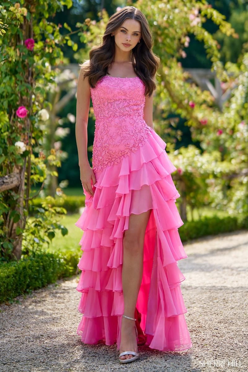 Sherri Hill Strapless Lace Ruffle Hem Prom Dress 56961