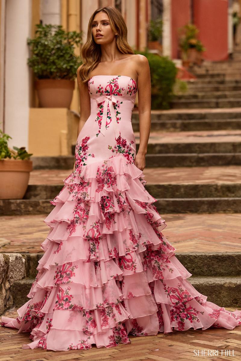 Sherri Hill Strapless Ruffle Floral Prom Dress 57144