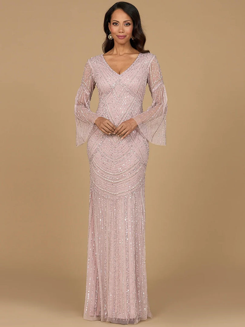 Lara Beaded V-Neck Long Sleeve Evening Gown 28954