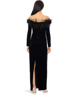 Xscape Evenings Off the Shoulder Long Sleeve Velvet Evening Gown with Feathers 5809X