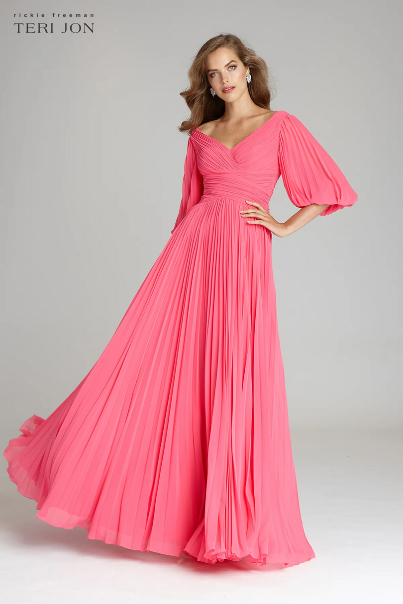 Teri Jon Pleated Chiffon Puff Sleeve Evening Dress 209098