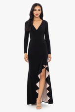 Xscape Evenings "Trudy" Long Sleeve Ruffle Evening Dress 5889X