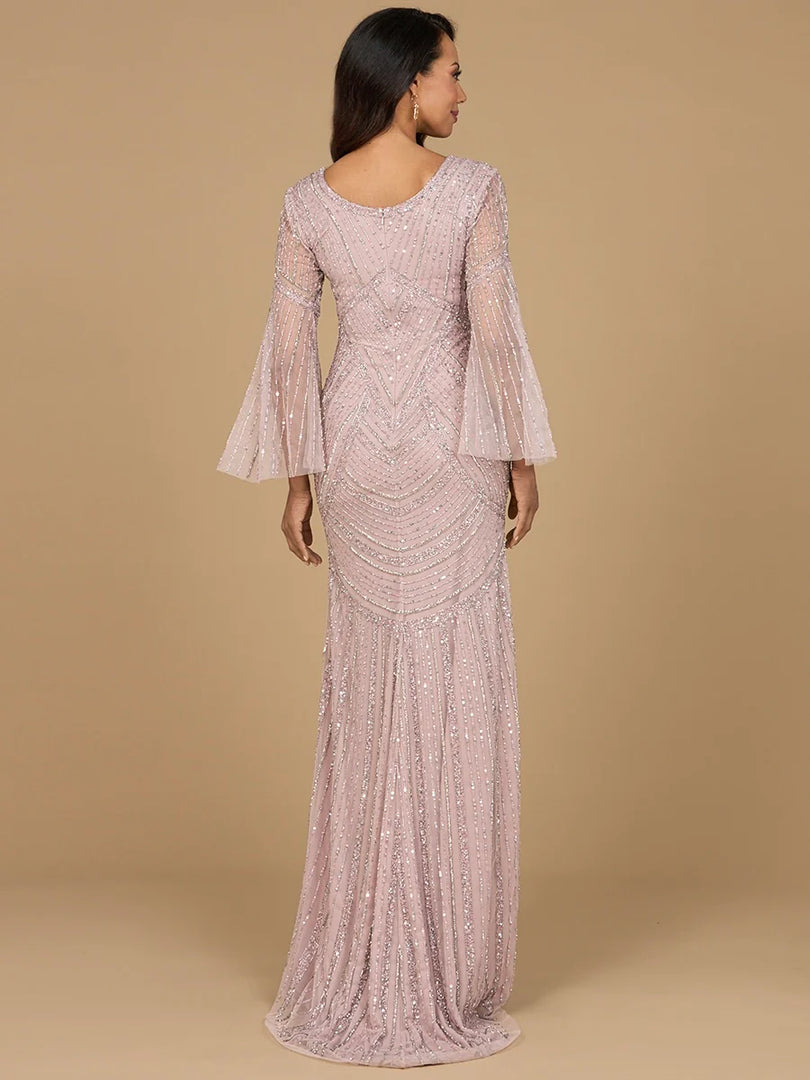 Lara Beaded V-Neck Long Sleeve Evening Gown 28954